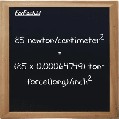 85 newton/centimeter<sup>2</sup> is equivalent to 0.055037 ton-force(long)/inch<sup>2</sup> (85 N/cm<sup>2</sup> is equivalent to 0.055037 LT f/in<sup>2</sup>)